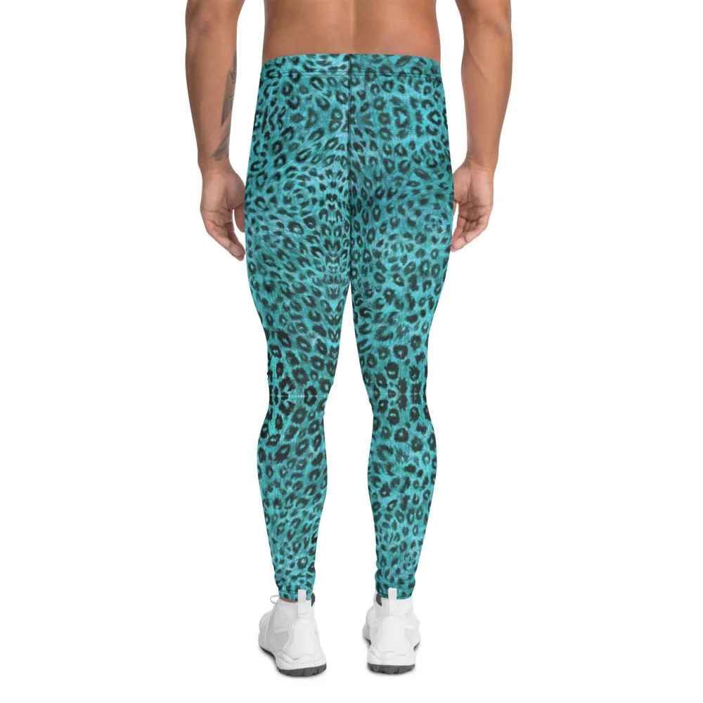 Light Blue Leopard Men's Leggings, Animal Print Meggings Compression Tights-Made in USA/EU