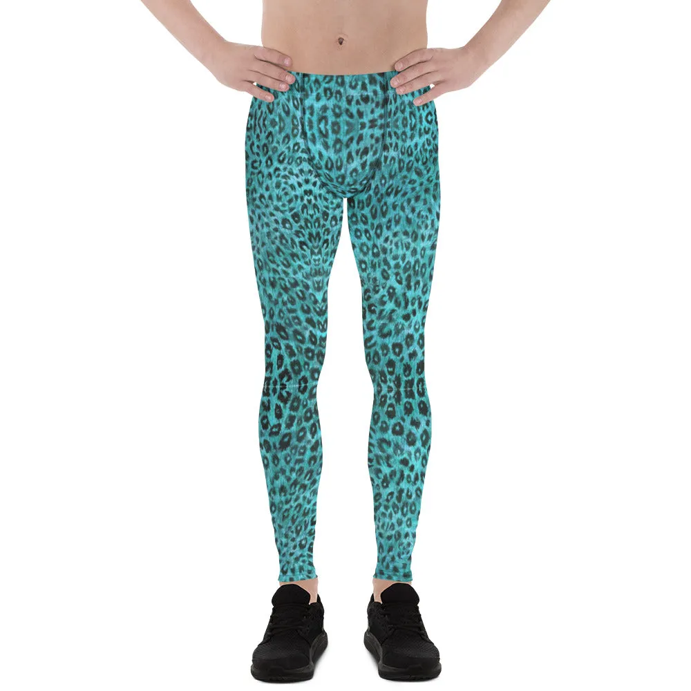 Light Blue Leopard Men's Leggings, Animal Print Meggings Compression Tights-Made in USA/EU