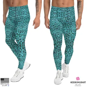 Light Blue Leopard Men's Leggings, Animal Print Meggings Compression Tights-Made in USA/EU