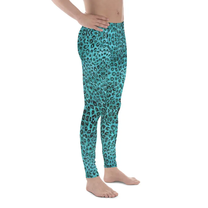 Light Blue Leopard Men's Leggings, Animal Print Meggings Compression Tights-Made in USA/EU