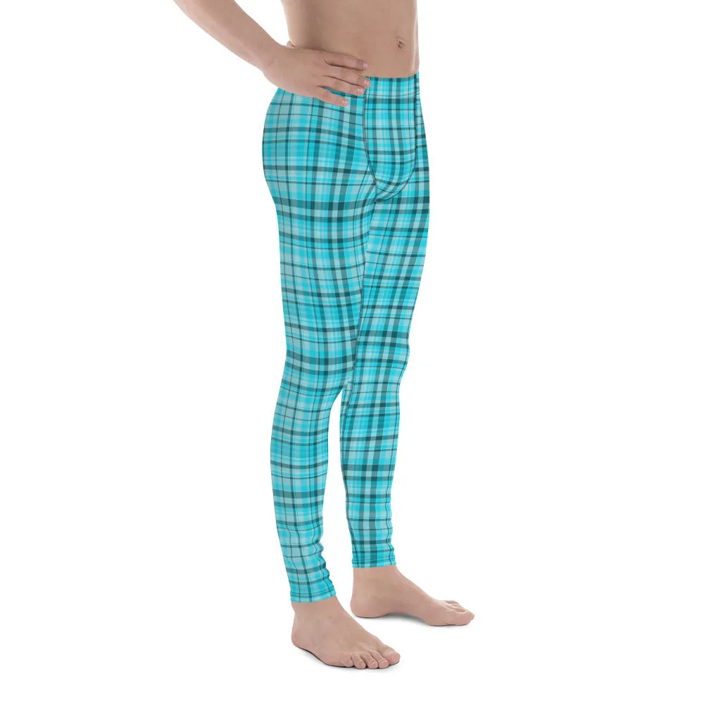 Light Blue Plaid Meggings, Blue Tartan Plaid Print Men's Running Leggings Run Tights Meggings- Made in USA