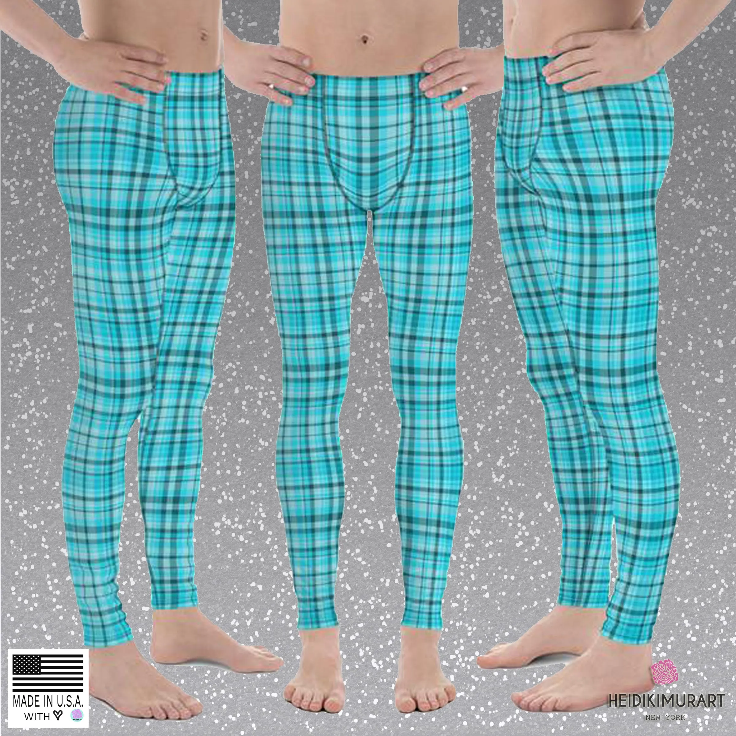 Light Blue Plaid Meggings, Blue Tartan Plaid Print Men's Running Leggings Run Tights Meggings- Made in USA