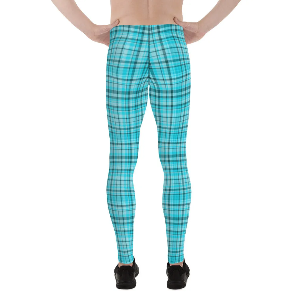 Light Blue Plaid Meggings, Blue Tartan Plaid Print Men's Running Leggings Run Tights Meggings- Made in USA