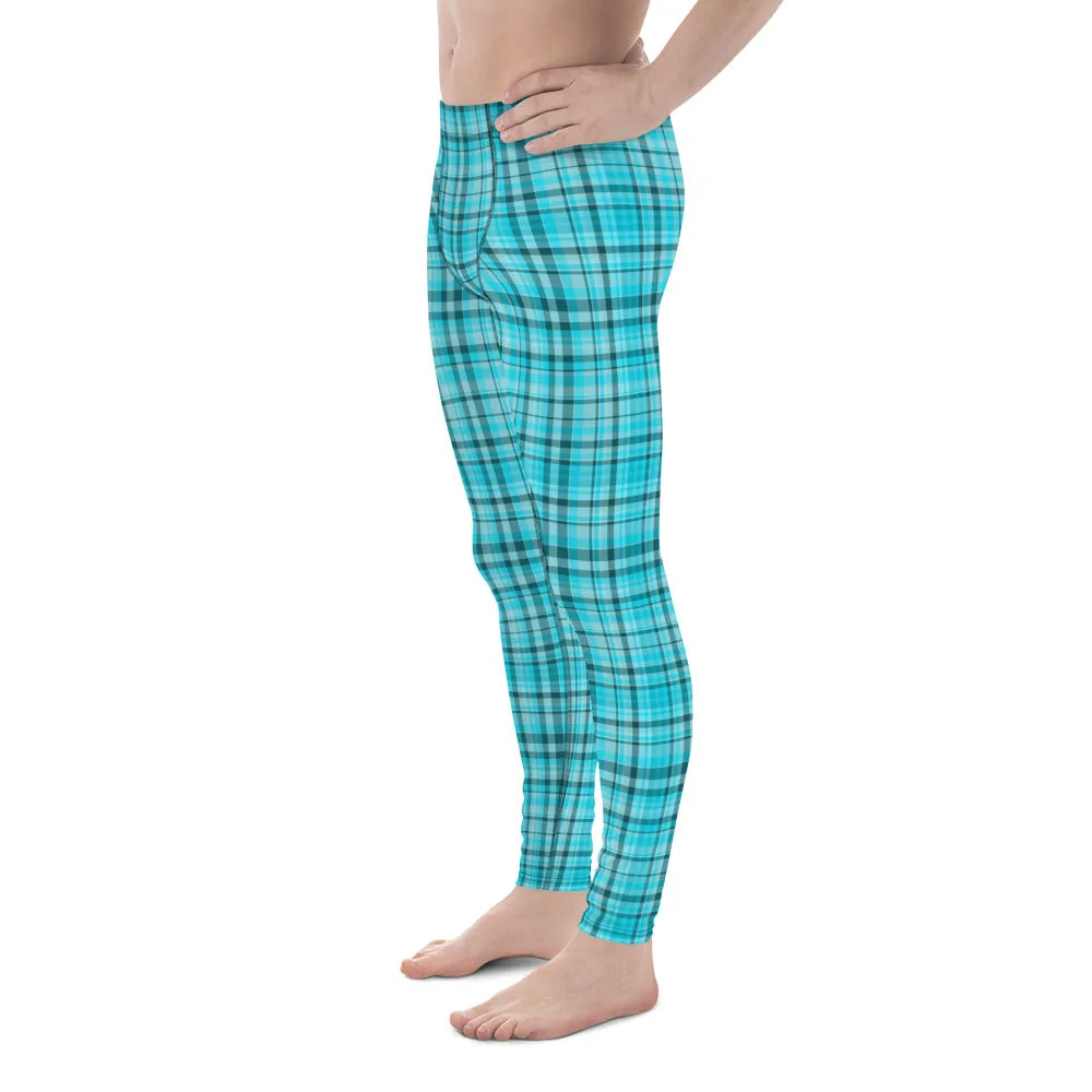 Light Blue Plaid Meggings, Blue Tartan Plaid Print Men's Running Leggings Run Tights Meggings- Made in USA