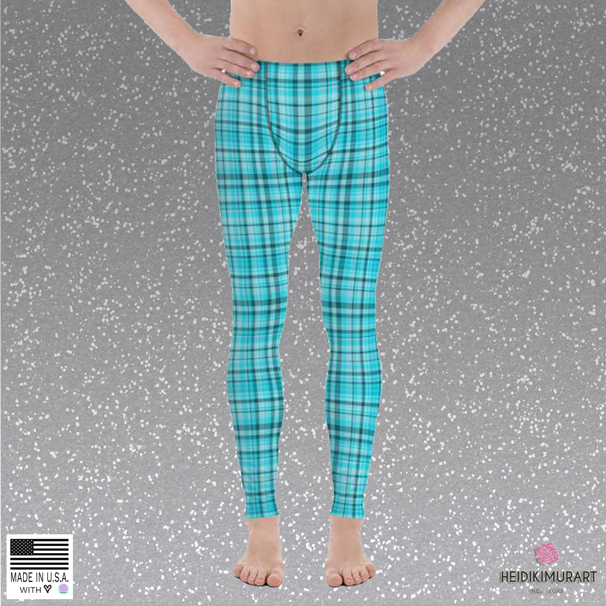 Light Blue Plaid Meggings, Blue Tartan Plaid Print Men's Running Leggings Run Tights Meggings- Made in USA