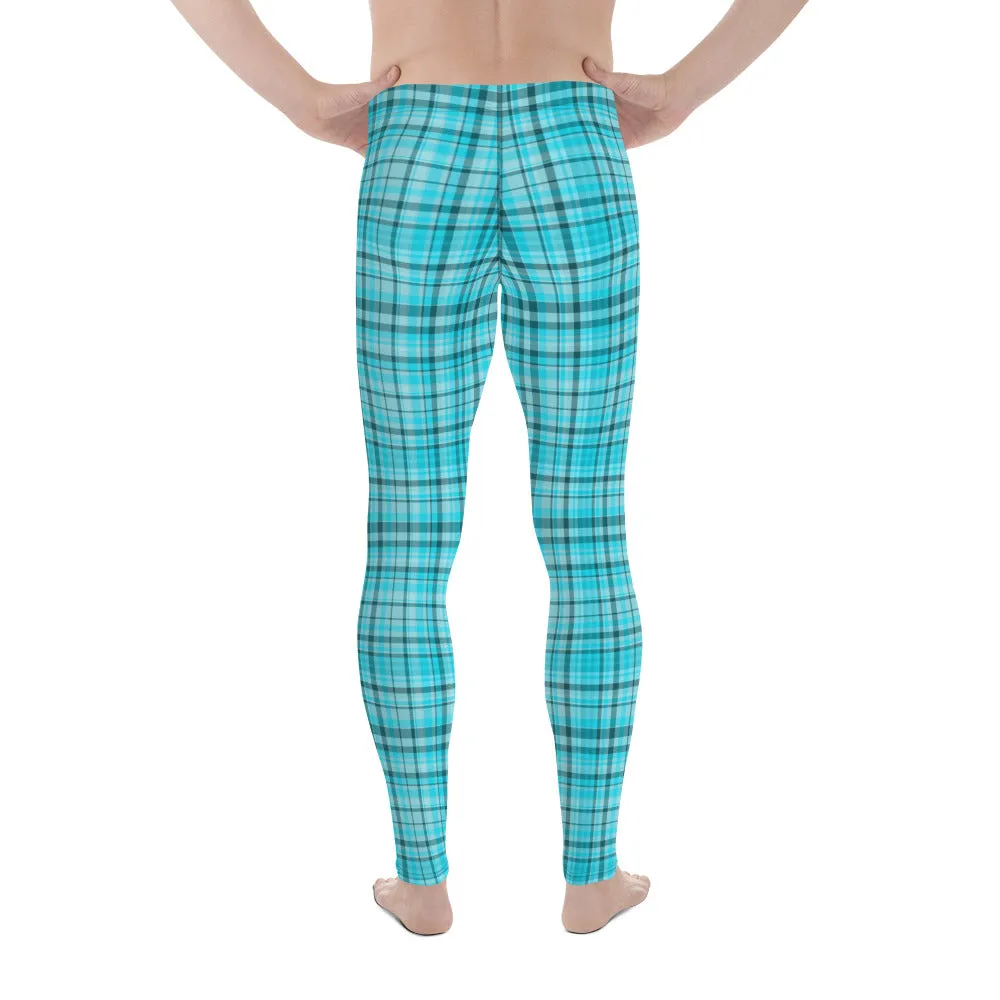 Light Blue Plaid Meggings, Blue Tartan Plaid Print Men's Running Leggings Run Tights Meggings- Made in USA