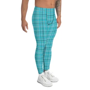 Light Blue Plaid Men's Leggings, Tartan Preppy Print Meggings Men Tights-Made in USA/EU