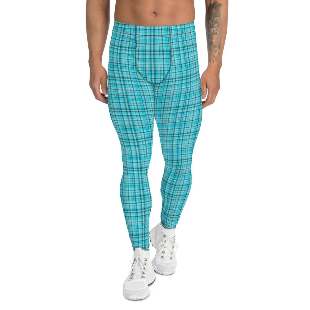 Light Blue Plaid Men's Leggings, Tartan Preppy Print Meggings Men Tights-Made in USA/EU