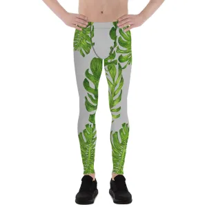 Light Gray Tropical Meggings, Best Green Tropical Leaf Print Men's Premium Leggings Meggings-Made in USA/EU