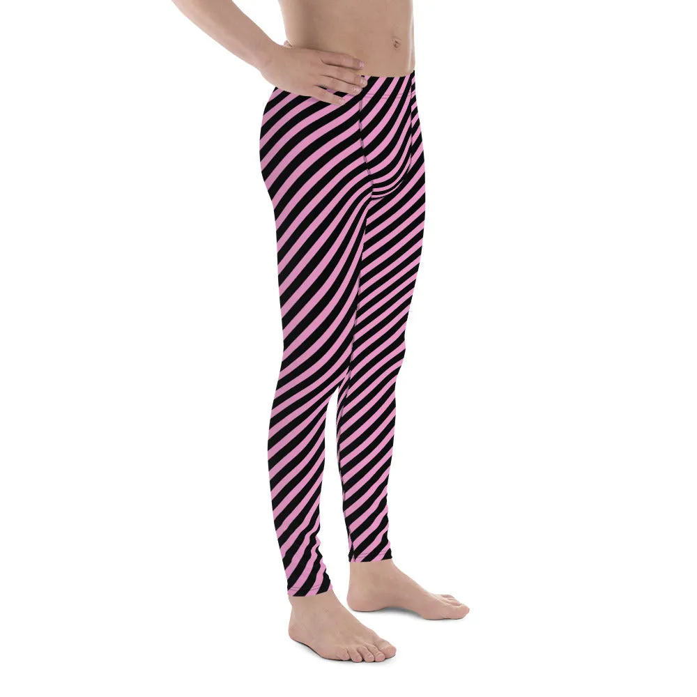 Light Pink Black Striped Meggings, Diagonally Striped Meggings Compression Tights For Men- Made in USA/EU/MX