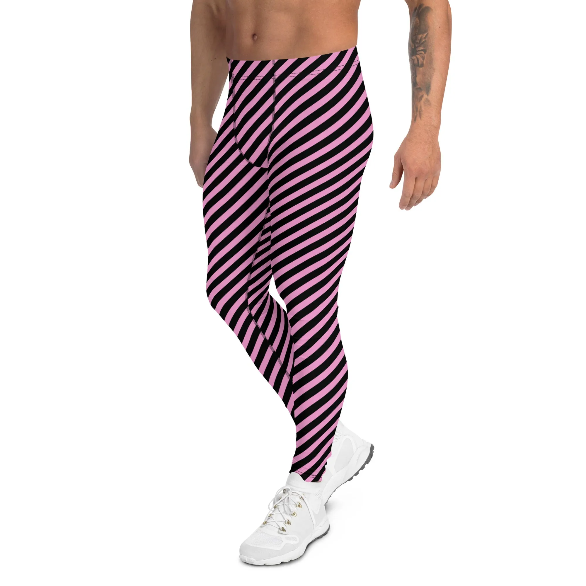 Light Pink Black Striped Meggings, Diagonally Striped Meggings Compression Tights For Men- Made in USA/EU/MX