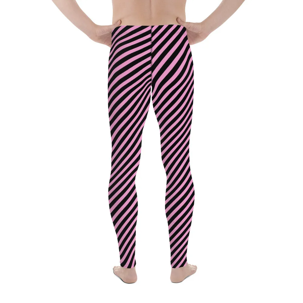 Light Pink Black Striped Meggings, Diagonally Striped Meggings Compression Tights For Men- Made in USA/EU/MX