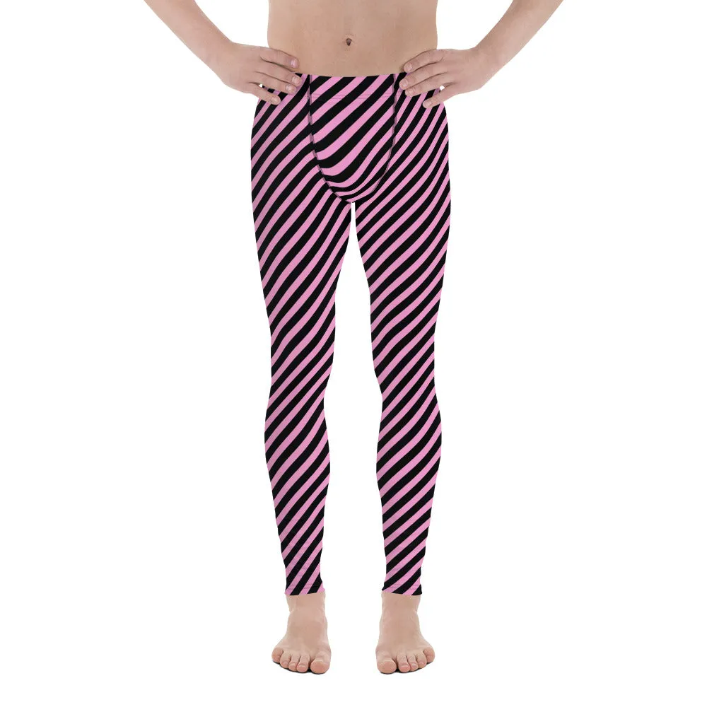 Light Pink Black Striped Meggings, Diagonally Striped Meggings Compression Tights For Men- Made in USA/EU/MX