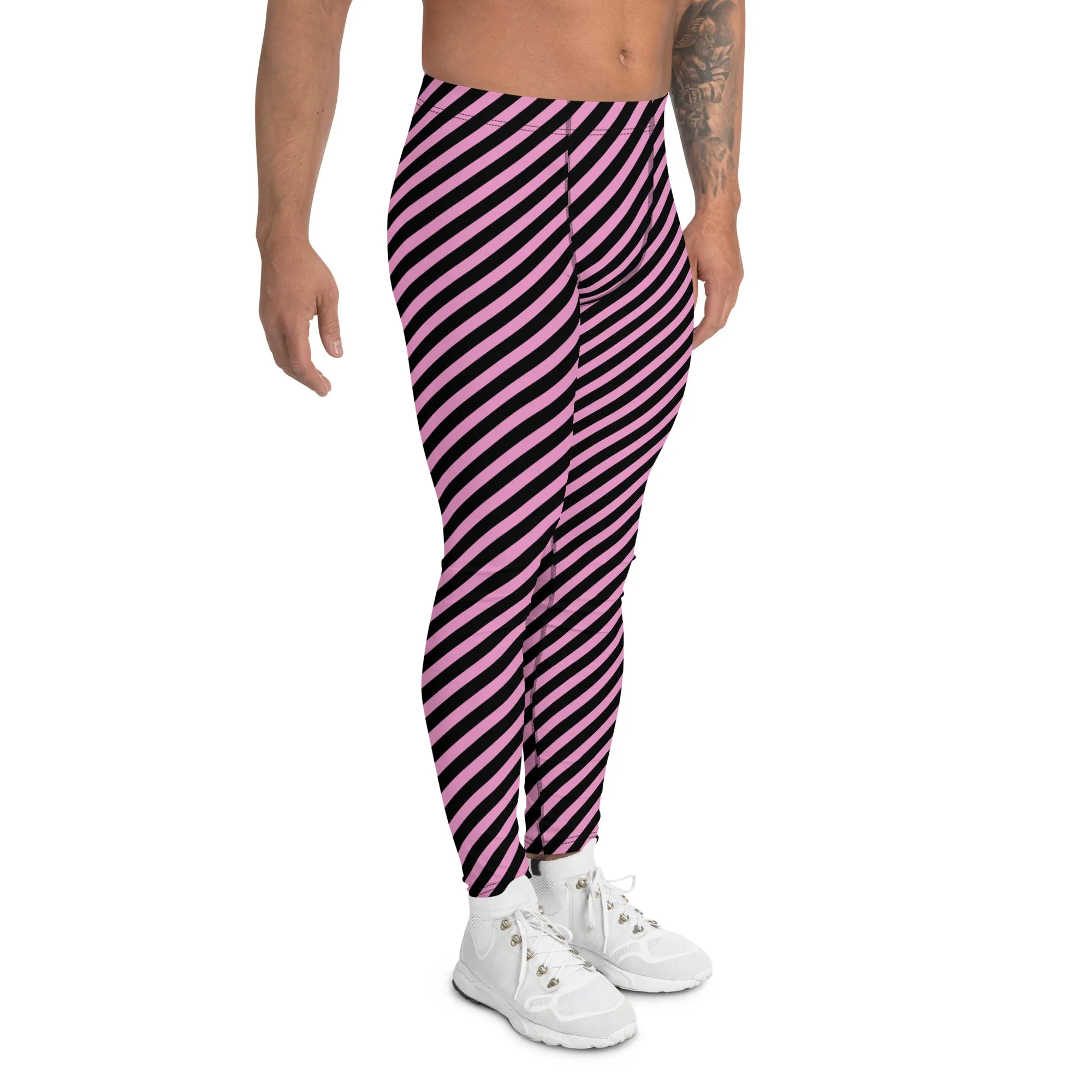 Light Pink Black Striped Meggings, Diagonally Striped Meggings Compression Tights For Men- Made in USA/EU/MX