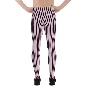 Light Pink Black Striped Meggings, Premium Men's Leggings With Stripes- Made in USA/EU