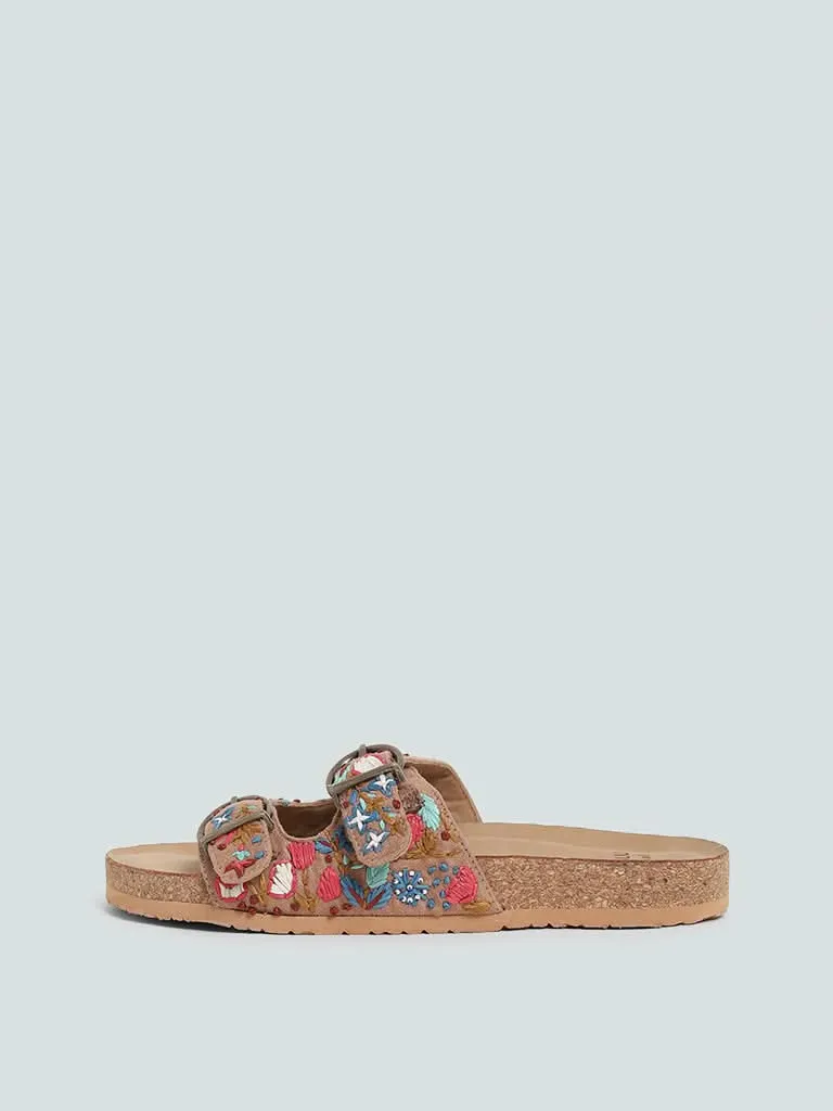 LUNA BLU Taupe Embroidered Double Band Comfort Sandals