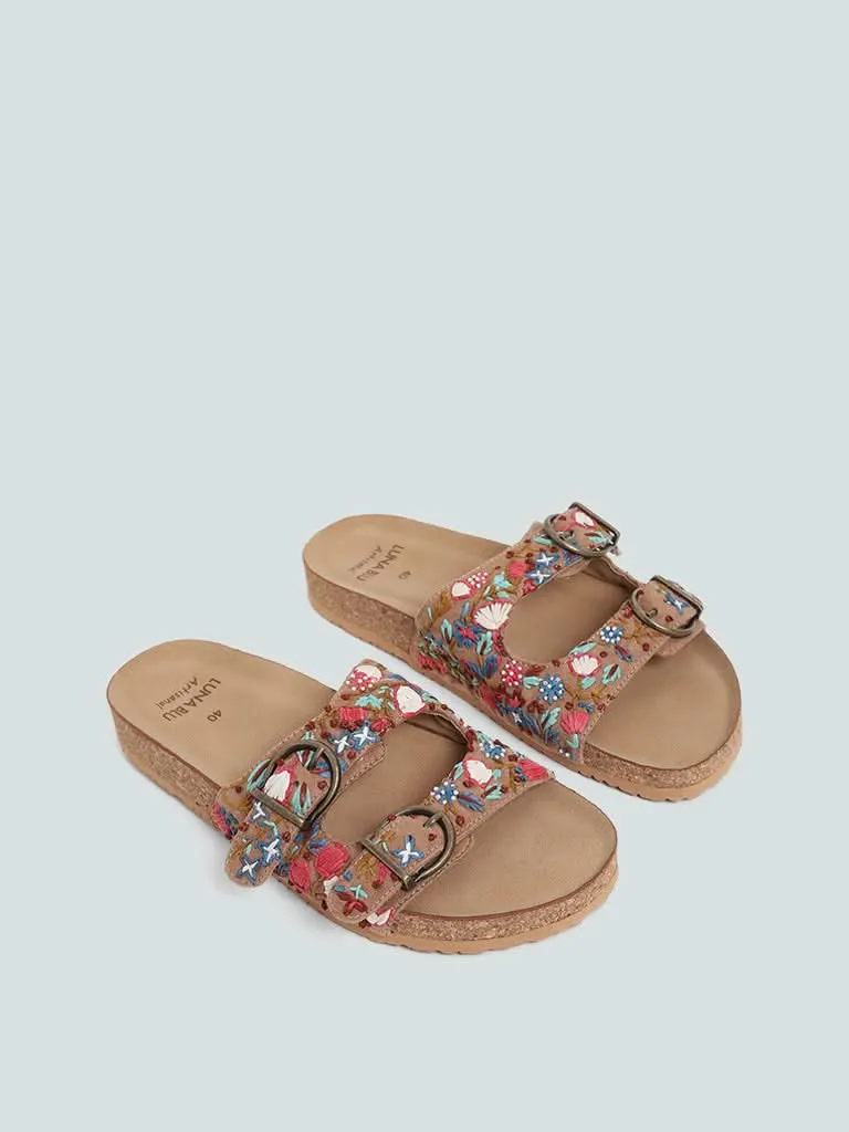 LUNA BLU Taupe Embroidered Double Band Comfort Sandals