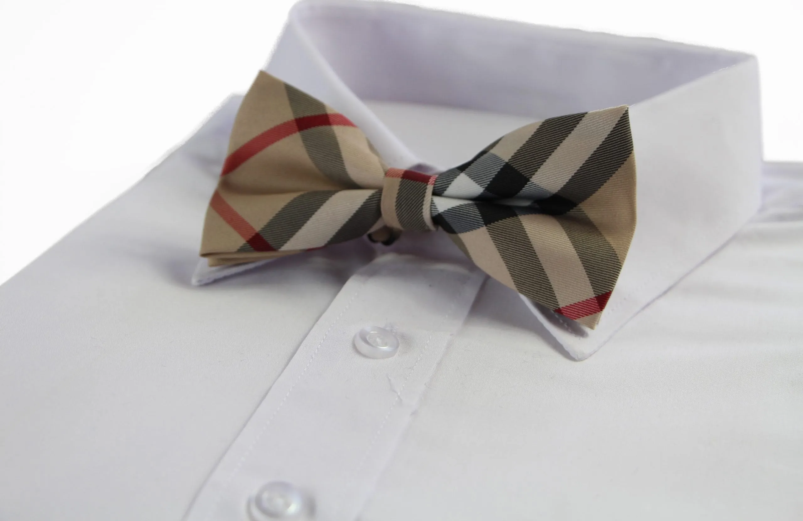 Mens Latte Plaid Patterned Bow Tie