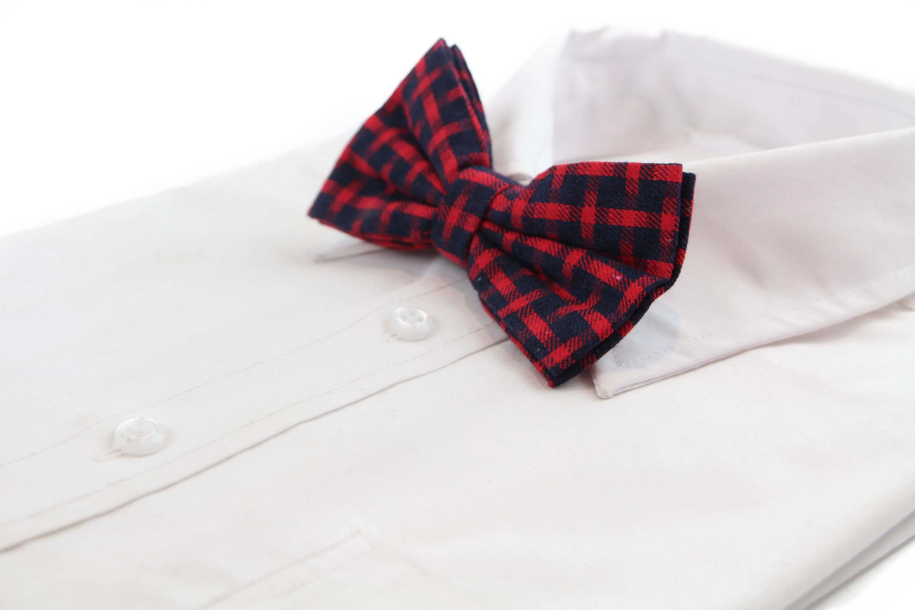 Mens Red Thick Double Layered Checkered Cotton Bow Tie