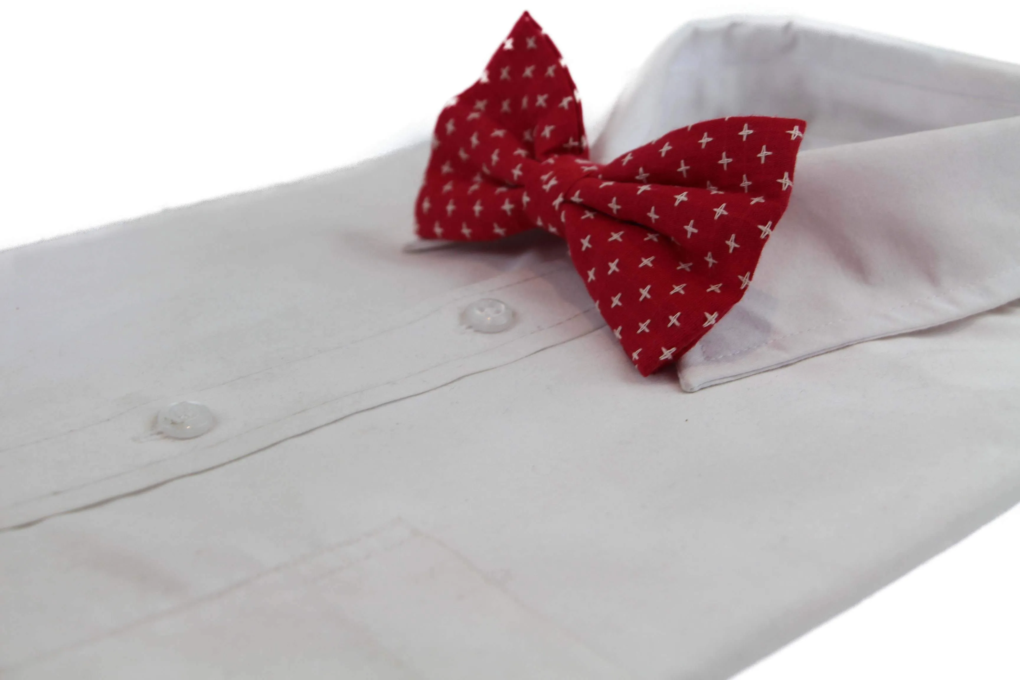 Mens Red With White Star Patterned Cotton Bow Tie