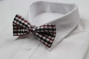 Mens White, Dark Red & Black Checkered Cotton Bow Tie