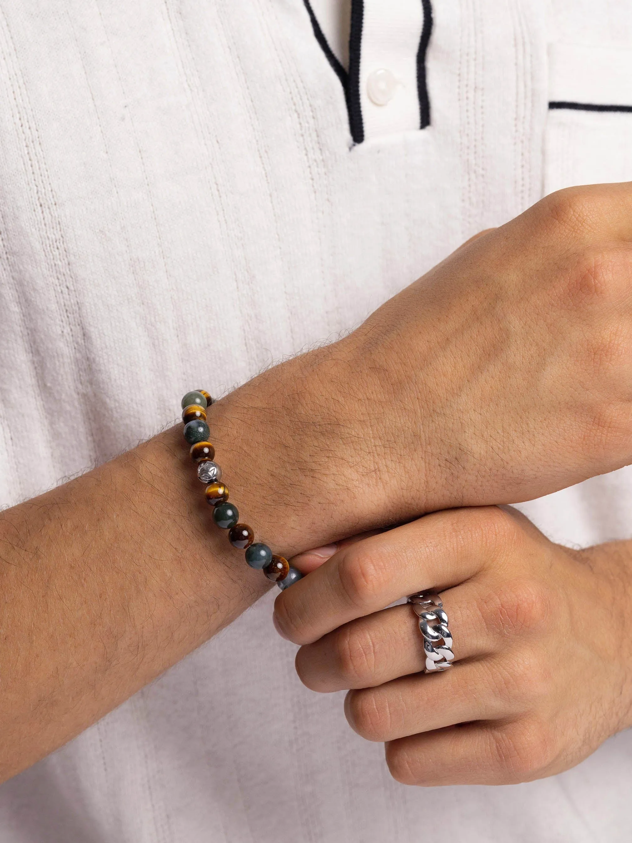 Men's Wristband with Aquatic Agate, Brown Tiger Eye and Silver