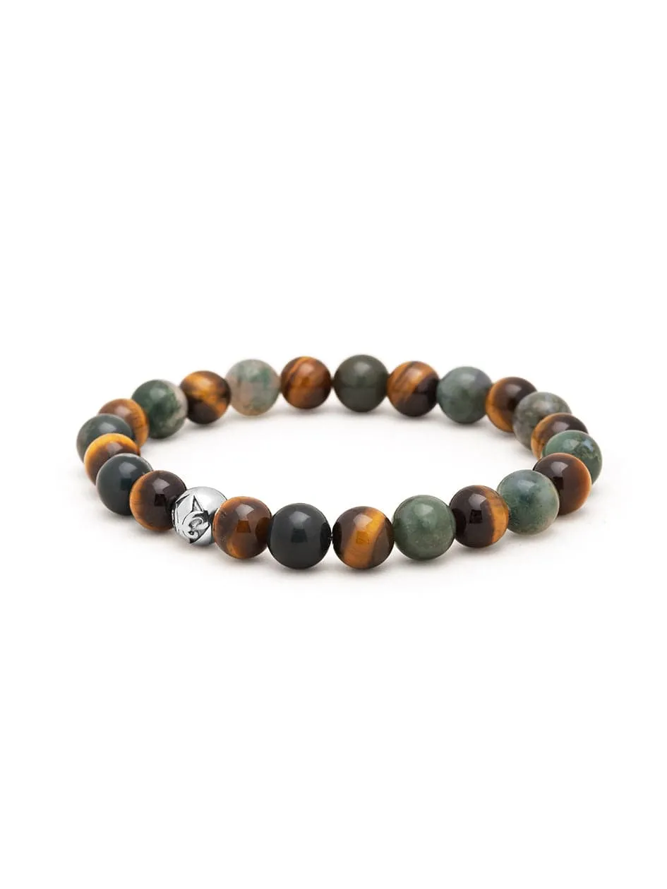 Men's Wristband with Aquatic Agate, Brown Tiger Eye and Silver