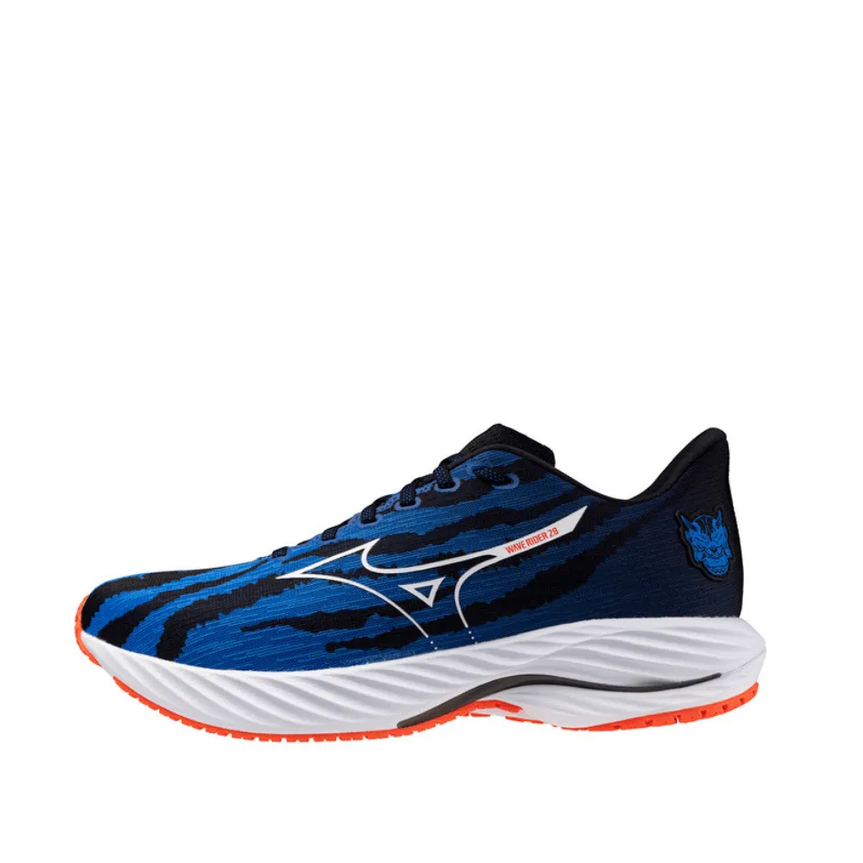 Mizuno Unisex Wave Rider 28 Running Shoes in Oni Demon Mizuno Ignition Red/White/Baseball Blue SS25