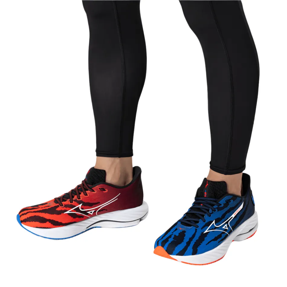 Mizuno Unisex Wave Rider 28 Running Shoes in Oni Demon Mizuno Ignition Red/White/Baseball Blue SS25