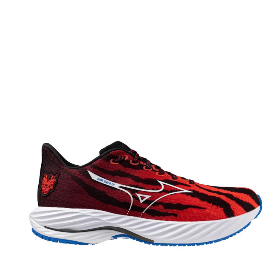 Mizuno Unisex Wave Rider 28 Running Shoes in Oni Demon Mizuno Ignition Red/White/Baseball Blue SS25