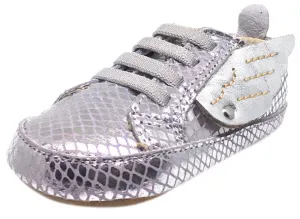 Old Soles Girl's Silver Snake Winged Leather Bambini Wings Elastic Lace Slip On Crib Walker Baby Shoe