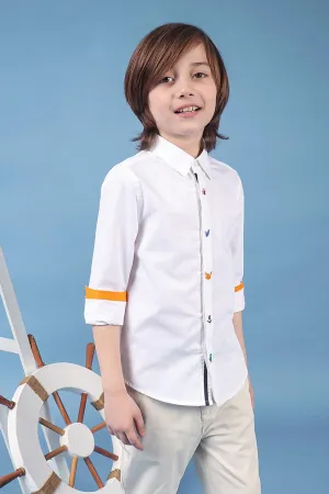 One Friday Kids Boys White Cotton Full Sleeves Embroidered Shirt