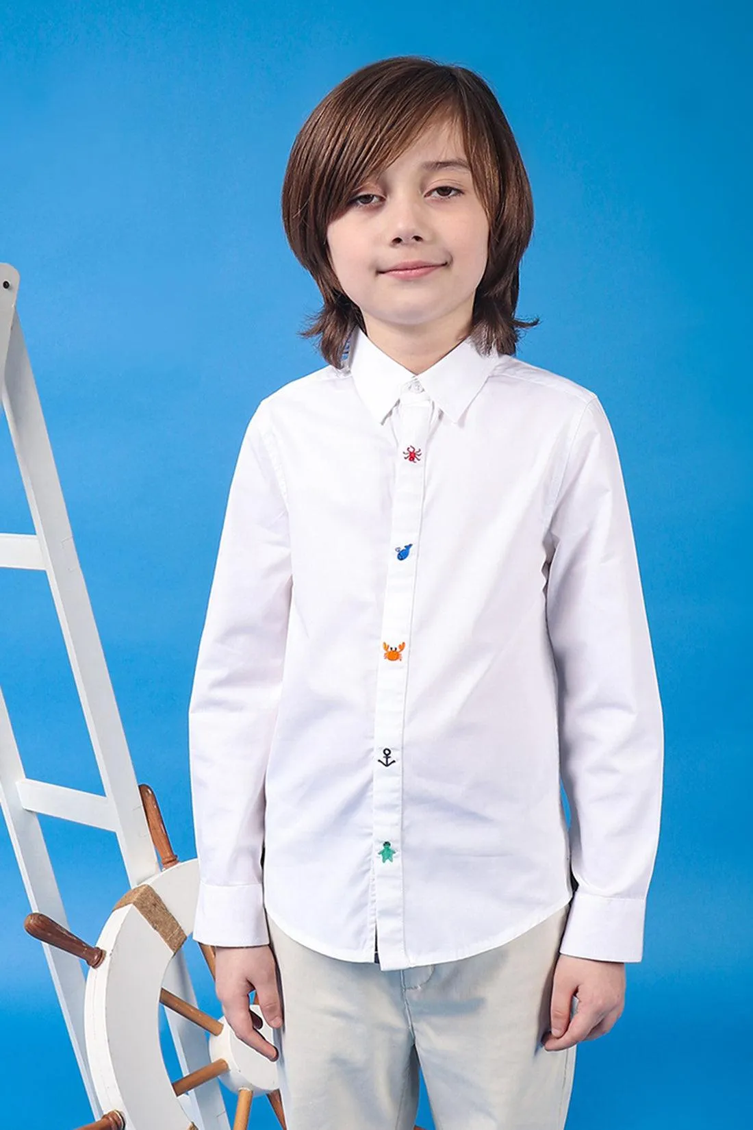 One Friday Kids Boys White Cotton Full Sleeves Embroidered Shirt