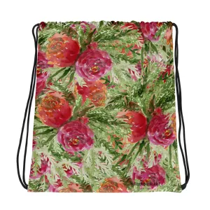 Orange Red Rose Drawstring Bag, Floral Print Designer 15”x17” Drawstring Bag - Made in USA/ Europe