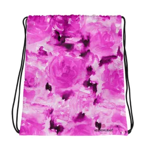 Pink Abstract Rose Drawstring Bag, Floral Print Designer 15”x17” Drawstring Bag - Made in USA/ Europe