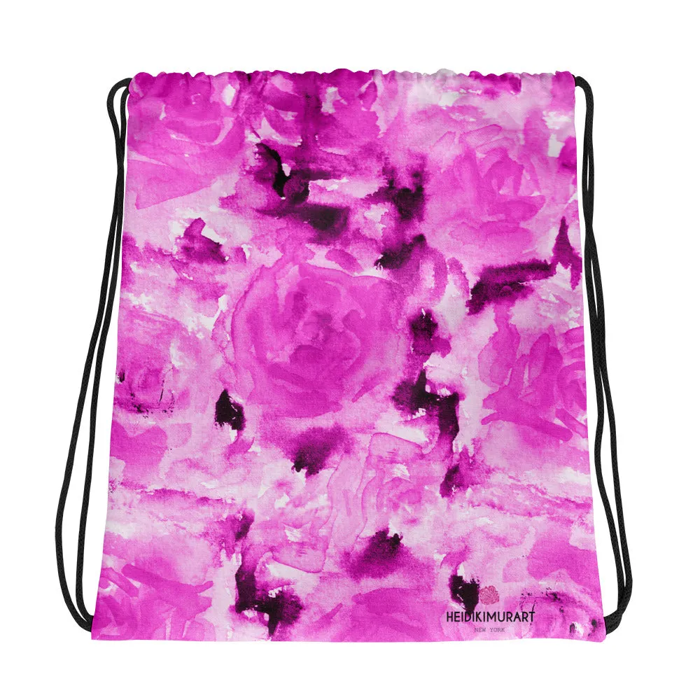 Pink Abstract Rose Drawstring Bag, Floral Print Designer 15”x17” Drawstring Bag - Made in USA/ Europe