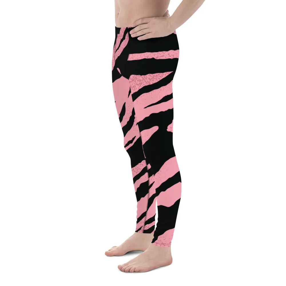 Pink Black Zebra Meggings, Striped Animal Print Men's Workout Gym Leggings Tights Pants