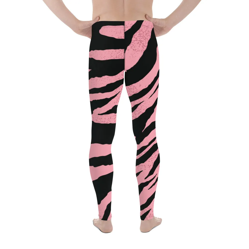 Pink Black Zebra Meggings, Striped Animal Print Men's Workout Gym Leggings Tights Pants