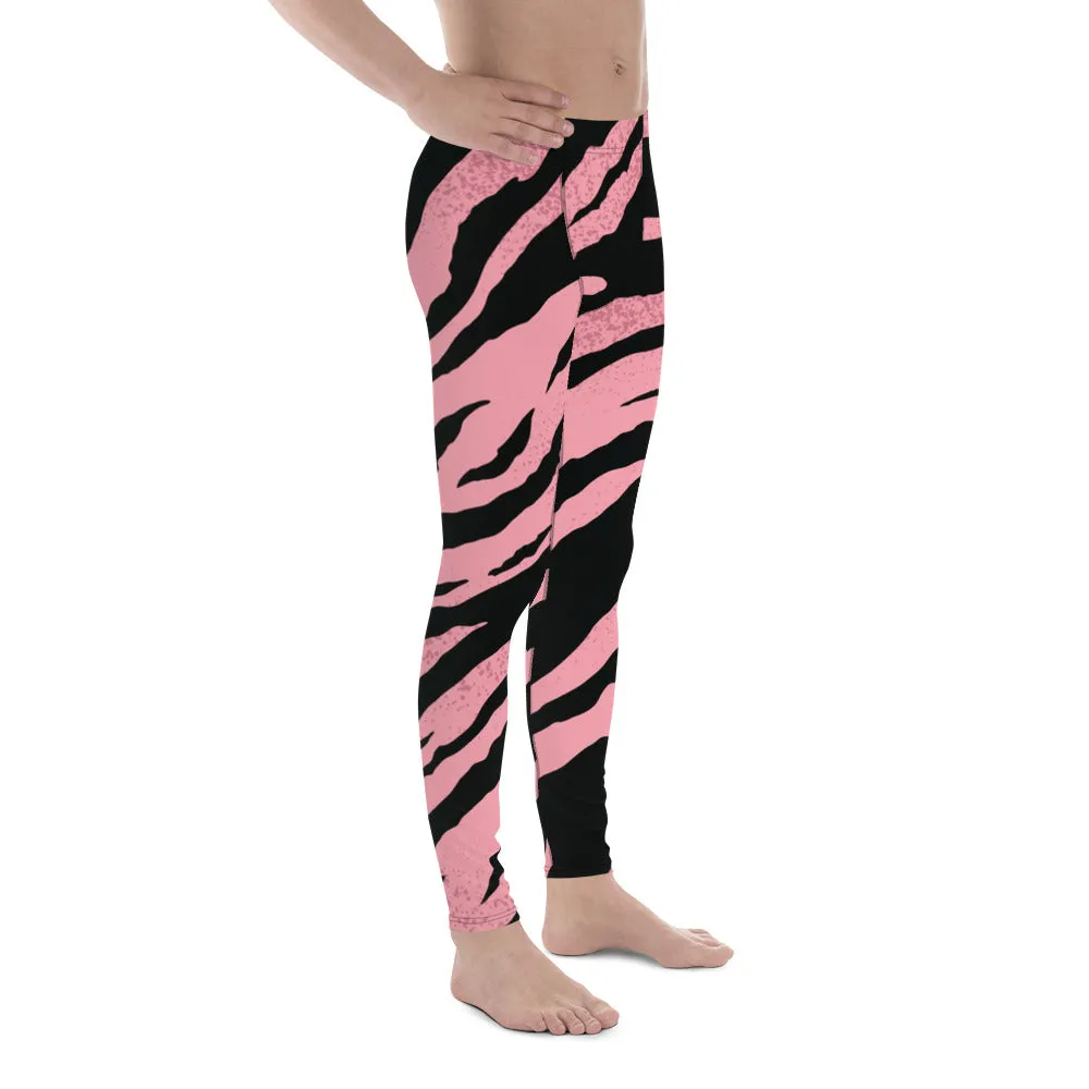 Pink Black Zebra Meggings, Striped Animal Print Men's Workout Gym Leggings Tights Pants