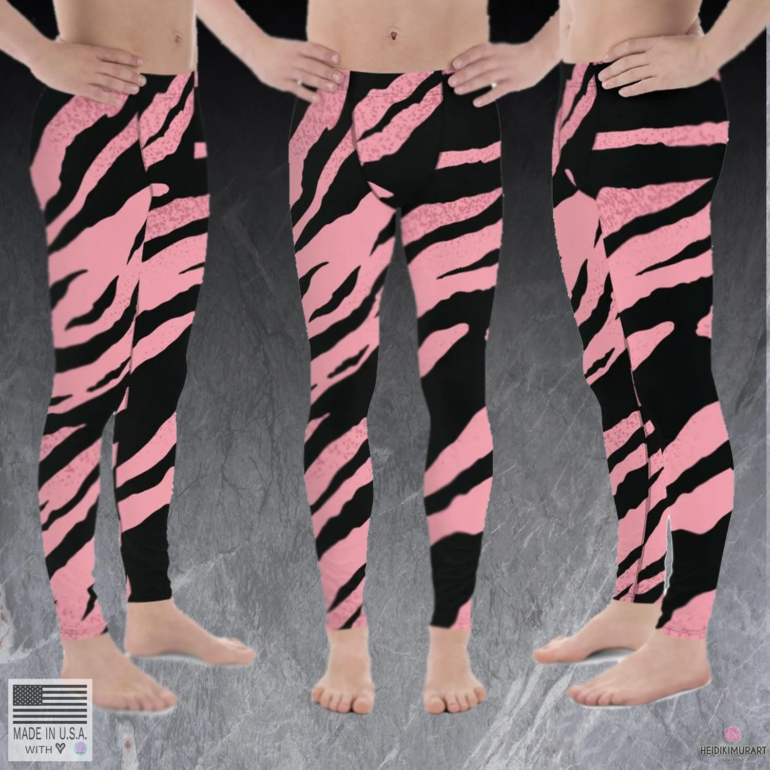 Pink Black Zebra Meggings, Striped Animal Print Men's Workout Gym Leggings Tights Pants