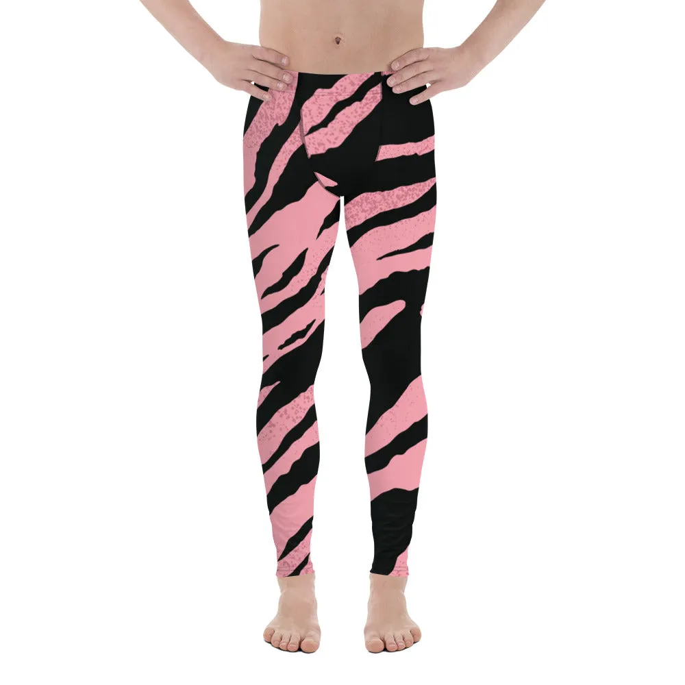 Pink Black Zebra Meggings, Striped Animal Print Men's Workout Gym Leggings Tights Pants