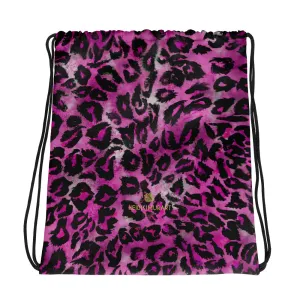 Pink Leopard Drawstring Bag, Animal Print Designer 15”x17” Premium Drawstring Bag- Made in USA/EU