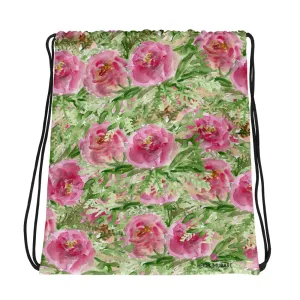 Pink Rose Drawstring Bag, Floral Print Designer 15”x17” Best Premium Bag - Made in USA/ Europe