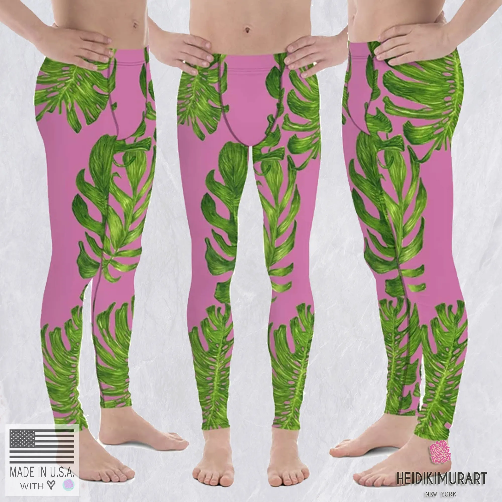 Pink Tropical Leaf Men's Tights, Light Pink Tropical Leaf Print Men's Premium Leggings-Made in USA/EU (US Size: XS-3XL)