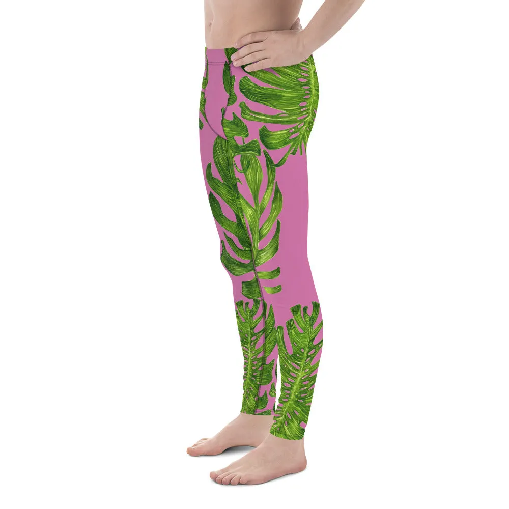 Pink Tropical Leaf Men's Tights, Light Pink Tropical Leaf Print Men's Premium Leggings-Made in USA/EU (US Size: XS-3XL)