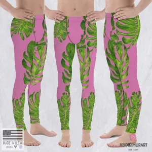 Pink Tropical Leaf Men's Tights, Light Pink Tropical Leaf Print Men's Premium Leggings-Made in USA/EU (US Size: XS-3XL)