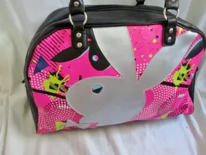 PLAYBOY BUNNY Signature Vegan Duffle Bowler Tote Satchel Gym Shoulder Travel Bag BLACK PINK MULTI