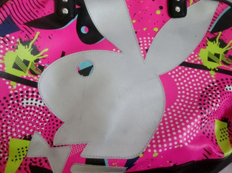 PLAYBOY BUNNY Signature Vegan Duffle Bowler Tote Satchel Gym Shoulder Travel Bag BLACK PINK MULTI