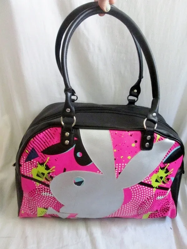 PLAYBOY BUNNY Signature Vegan Duffle Bowler Tote Satchel Gym Shoulder Travel Bag BLACK PINK MULTI