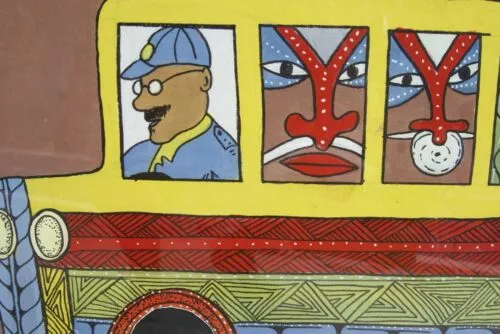 RARE UNIQUE COLORFUL  FOLK ART PAINTING PAPUA NEW GUINEA HUMOROUS ARTIST: TRIBAL WARRIORS TRAVELLING BY BUS & FRAMED IN SIGNED HAND PAINTED FRAME TO MATCH THE ART DESIGNER COLLECTOR WALL CARTOON  ART  38" X 27” HUGE DFP1